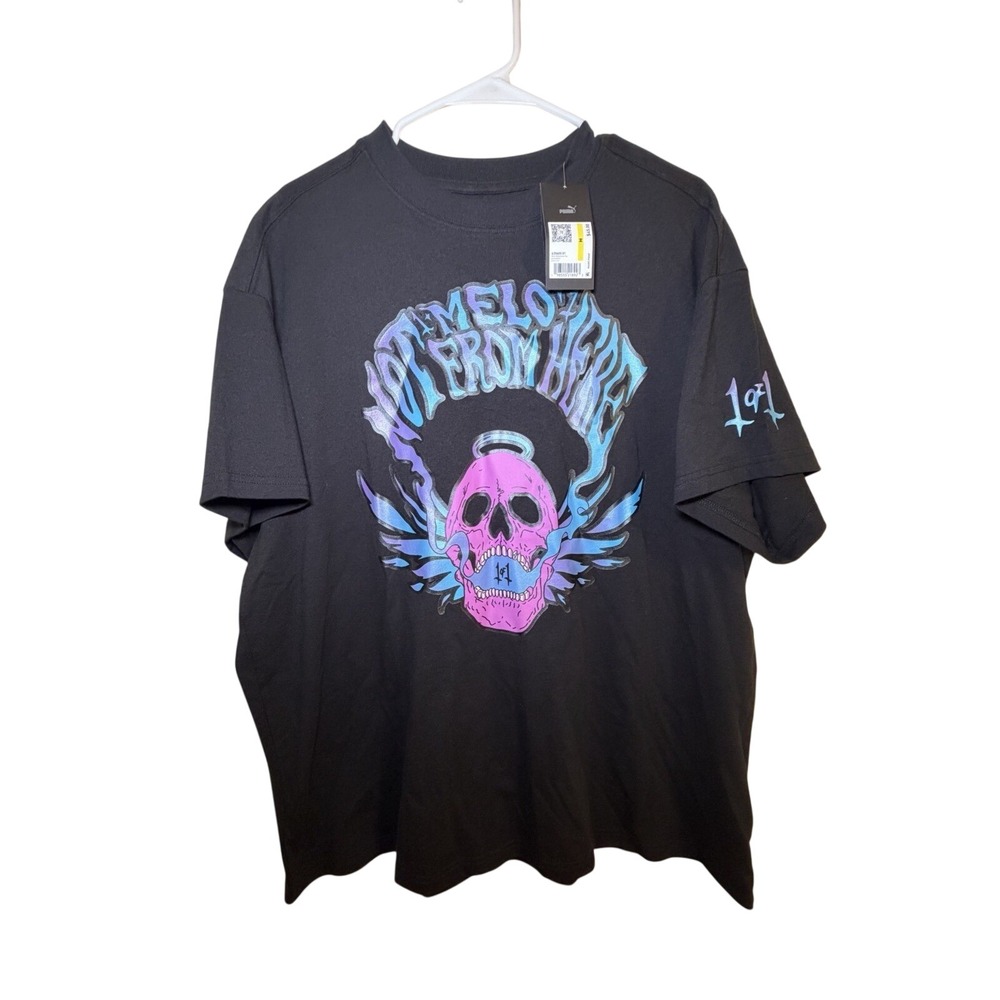 Puma LaMelo Ball Melo Reflections Shirt Mens Large Black Skull Not From Here Tee